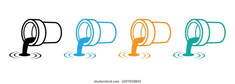 Versatile icons show liquid draining from pipes into water, perfect for concepts of flow, drainage, and environmental themes. Clean, modern design.