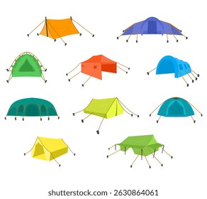 A versatile illustration set showcasing different camping tent models, perfect for outdoor adventure themes, travel guides, and nature related designs.