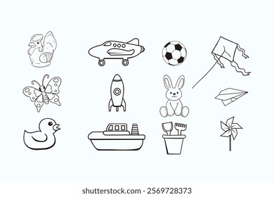 A versatile illustration set showcasing various line drawings of toys, animals, and adventure, perfect for creative projects, coloring books, and educational content tailored for children and learning