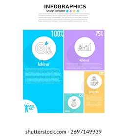 Eine vielseitige Infografik-Vorlage für Geschäftspräsentationen, Marketing, Prozess-Workflows oder Wachstumsdaten in 4 Schritten: Erreichen (100 %), Vorschub (75 %), Fortschritt (50 %) und Initiieren (25 %). 