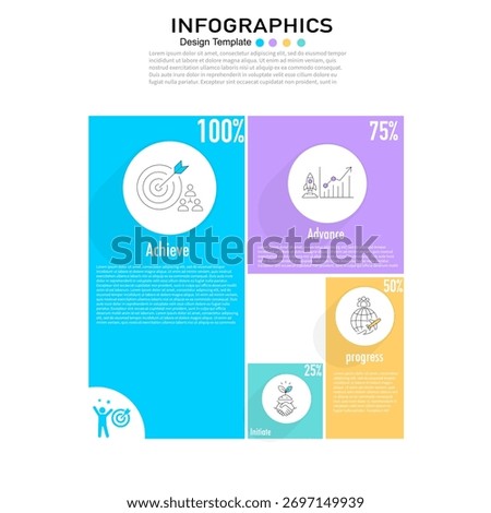 A versatile infographic template for business presentation, marketing, process workflow, or growth data with 4 steps: Achieve (100%), Advance (75%), Progress (50%), and Initiate (25%). 