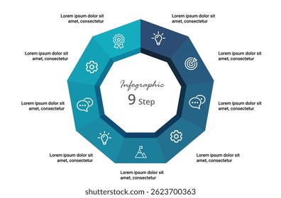 Veelzijdige infographic template met 9 stappen—ideaal voor bedrijfsprocessen, strategische marketing en data-driven presentaties in moderne stijl.
