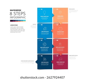 A versatile infographic template showing 8 steps vertically for business presentations. This modern infographic design is ideal for presenting a process or options in steps clearly.
