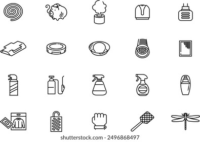 Iconos de arte de línea versátiles con temas de protección de insectos, Ilustraciones vectoriales detalladas de control de plagas, repelentes y medidas de seguridad. Ideal para empresas, diseñadores y comercializadores que buscan iconos de calidad