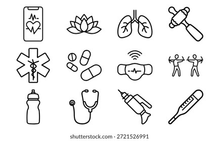 Vielseitiges Lifestyle-Icon-Set mit Fitness-Hanteln, Blutdruckmonitor, Kalender, Küchenutensilien, Wasserkocher, Erste-Hilfe-Kit und dekorativer Geschirr-Collage