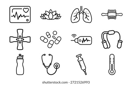 Vielseitiges Lifestyle-Icon-Set mit Fitness-Hanteln, Blutdruckmonitor, Kalender, Küchenutensilien, Wasserkocher, Erste-Hilfe-Kit und dekorativer Geschirr-Collage