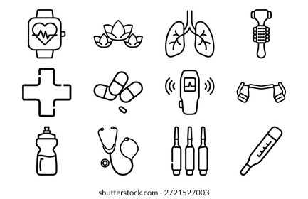Vielseitiges Lifestyle-Icon-Set mit Fitness-Hanteln, Blutdruckmonitor, Kalender, Küchenutensilien, Wasserkocher, Erste-Hilfe-Kit und dekorativer Geschirr-Collage