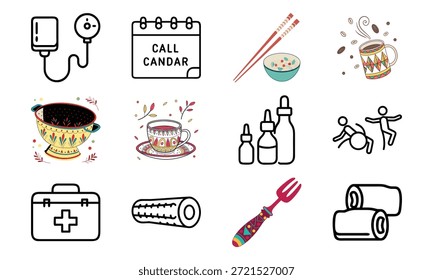 Vielseitiges Lifestyle-Icon-Set mit Fitness-Hanteln, Blutdruckmonitor, Kalender, Küchenutensilien, Wasserkocher, Erste-Hilfe-Kit und dekorativer Geschirr-Collage