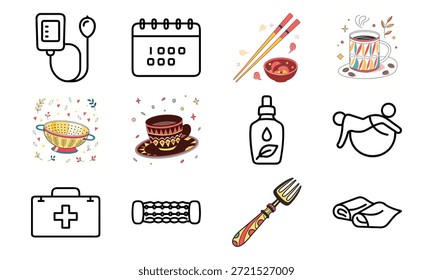 Conjunto de ícones estilo de vida versátil com sinos de beleza, monitor de pressão arterial, calendário, utensílios de cozinha, chaleira elétrica, kit de primeiros socorros e colagem decorativa para louça