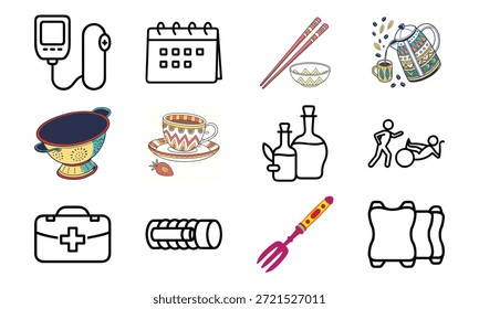 Vielseitiges Lifestyle-Icon-Set mit Fitness-Hanteln, Blutdruckmonitor, Kalender, Küchenutensilien, Wasserkocher, Erste-Hilfe-Kit und dekorativer Geschirr-Collage