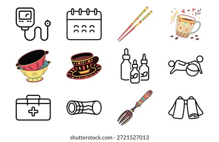 Vielseitiges Lifestyle-Icon-Set mit Fitness-Hanteln, Blutdruckmonitor, Kalender, Küchenutensilien, Wasserkocher, Erste-Hilfe-Kit und dekorativer Geschirr-Collage