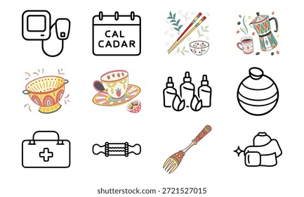 Versatile Lifestyle Icon Set Featuring Fitness Dumbbells, Blood Pressure Monitor, Calendar, Kitchen Utensils, Electric Kettle, First Aid Kit, and Decorative Tableware Collage