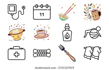 Conjunto de ícones estilo de vida versátil com sinos de beleza, monitor de pressão arterial, calendário, utensílios de cozinha, chaleira elétrica, kit de primeiros socorros e colagem decorativa para louça