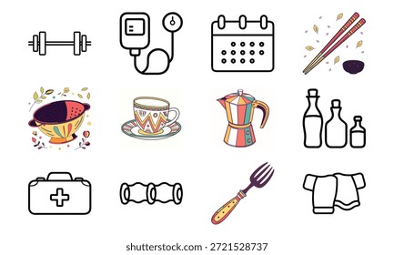 Conjunto de ícones estilo de vida versátil com sinos de beleza, monitor de pressão arterial, calendário, utensílios de cozinha, chaleira elétrica, kit de primeiros socorros e colagem decorativa para louça