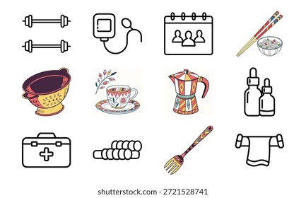 Conjunto de ícones estilo de vida versátil com sinos de beleza, monitor de pressão arterial, calendário, utensílios de cozinha, chaleira elétrica, kit de primeiros socorros e colagem decorativa para louça