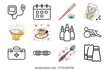 Conjunto de ícones estilo de vida versátil com sinos de beleza, monitor de pressão arterial, calendário, utensílios de cozinha, chaleira elétrica, kit de primeiros socorros e colagem decorativa para louça