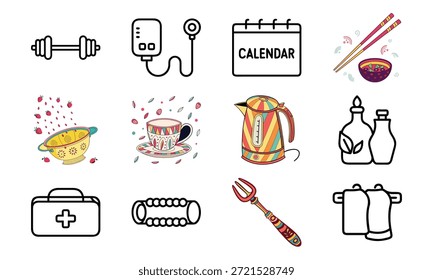 Conjunto de ícones estilo de vida versátil com sinos de beleza, monitor de pressão arterial, calendário, utensílios de cozinha, chaleira elétrica, kit de primeiros socorros e colagem decorativa para louça