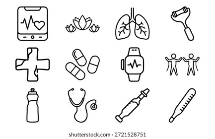 Versatile Lifestyle Icon Set Featuring Fitness Dumbbells, Blood Pressure Monitor, Calendar, Kitchen Utensils, Electric Kettle, First Aid Kit, and Decorative Tableware Collage
