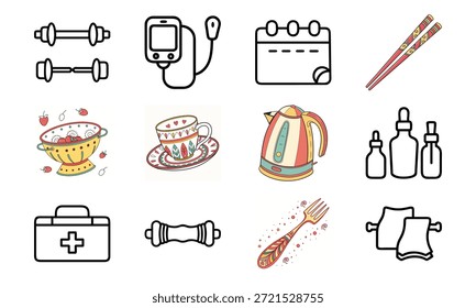 Versatile Lifestyle Icon Set Featuring Fitness Dumbbells, Blood Pressure Monitor, Calendar, Kitchen Utensils, Electric Kettle, First Aid Kit, and Decorative Tableware Collage