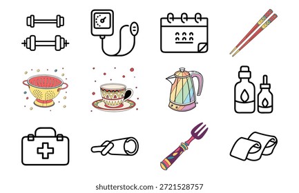 Versátil conjunto de iconos de estilo de vida con mancuernas de fitness, monitor de presión arterial, calendario, utensilios de cocina, hervidor eléctrico, kit de primeros auxilios y vajilla decorativa Collage