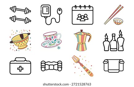 Vielseitiges Lifestyle-Icon-Set mit Fitness-Hanteln, Blutdruckmonitor, Kalender, Küchenutensilien, Wasserkocher, Erste-Hilfe-Kit und dekorativer Geschirr-Collage