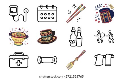 Vielseitiges Lifestyle-Icon-Set mit Fitness-Hanteln, Blutdruckmonitor, Kalender, Küchenutensilien, Wasserkocher, Erste-Hilfe-Kit und dekorativer Geschirr-Collage