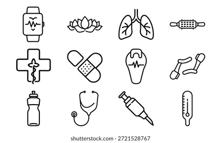 Vielseitiges Lifestyle-Icon-Set mit Fitness-Hanteln, Blutdruckmonitor, Kalender, Küchenutensilien, Wasserkocher, Erste-Hilfe-Kit und dekorativer Geschirr-Collage