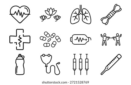 Vielseitiges Lifestyle-Icon-Set mit Fitness-Hanteln, Blutdruckmonitor, Kalender, Küchenutensilien, Wasserkocher, Erste-Hilfe-Kit und dekorativer Geschirr-Collage