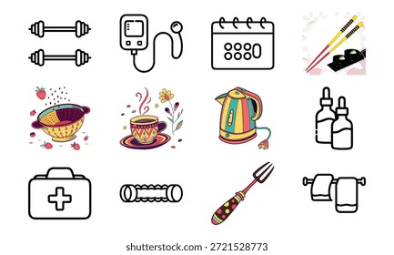 Vielseitiges Lifestyle-Icon-Set mit Fitness-Hanteln, Blutdruckmonitor, Kalender, Küchenutensilien, Wasserkocher, Erste-Hilfe-Kit und dekorativer Geschirr-Collage