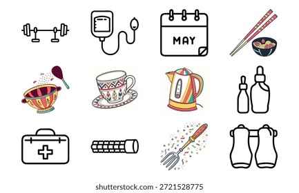 Conjunto de ícones estilo de vida versátil com sinos de beleza, monitor de pressão arterial, calendário, utensílios de cozinha, chaleira elétrica, kit de primeiros socorros e colagem decorativa para louça