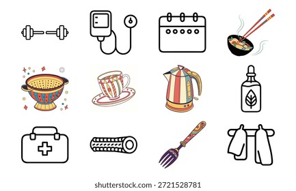 Conjunto de ícones estilo de vida versátil com sinos de beleza, monitor de pressão arterial, calendário, utensílios de cozinha, chaleira elétrica, kit de primeiros socorros e colagem decorativa para louça