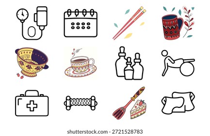 Conjunto de ícones estilo de vida versátil com sinos de beleza, monitor de pressão arterial, calendário, utensílios de cozinha, chaleira elétrica, kit de primeiros socorros e colagem decorativa para louça