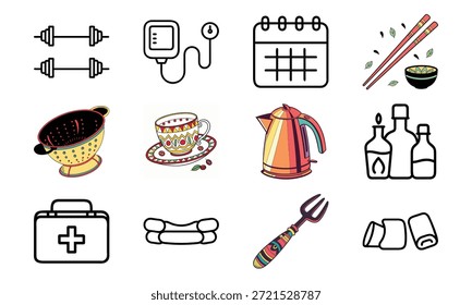 Conjunto de ícones estilo de vida versátil com sinos de beleza, monitor de pressão arterial, calendário, utensílios de cozinha, chaleira elétrica, kit de primeiros socorros e colagem decorativa para louça