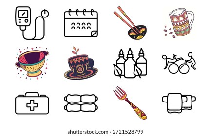 Conjunto de ícones estilo de vida versátil com sinos de beleza, monitor de pressão arterial, calendário, utensílios de cozinha, chaleira elétrica, kit de primeiros socorros e colagem decorativa para louça
