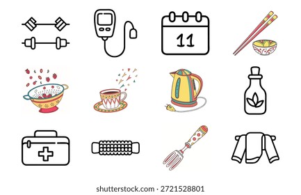 Versátil conjunto de iconos de estilo de vida con mancuernas de fitness, monitor de presión arterial, calendario, utensilios de cocina, hervidor eléctrico, kit de primeros auxilios y vajilla decorativa Collage