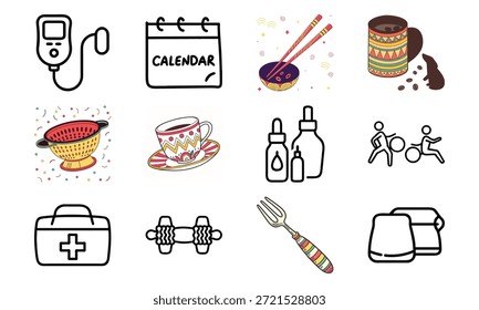 Vielseitiges Lifestyle-Icon-Set mit Fitness-Hanteln, Blutdruckmonitor, Kalender, Küchenutensilien, Wasserkocher, Erste-Hilfe-Kit und dekorativer Geschirr-Collage