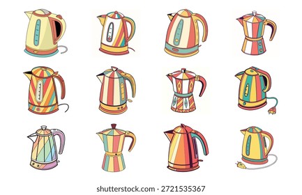 Versatile Lifestyle Icon Set Featuring Fitness Dumbbells, Blood Pressure Monitor, Calendar, Kitchen Utensils, Electric Kettle, First Aid Kit, and Decorative Tableware Collage