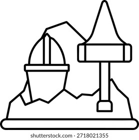 Un icono de arte lineal versátil con un cubo de arena y una herramienta de pico de minería en una pila de roca o tierra. Esta clara Ilustración vectorial es perfecta para Sitios web, publicidad, redes sociales y contenido educativo relacionado con proyectos de construcción, minería y excavación.