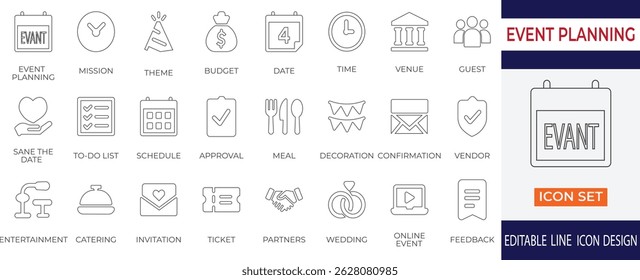 A versatile line icon set designed for event planning and management, covering themes such as scheduling, venue, catering, invitations, entertainment, budgeting, and feedback.