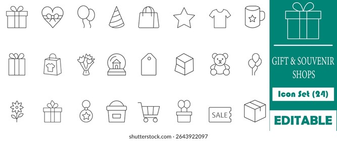 Versatile line icon set for gift and souvenir shops, e-commerce, and celebration themes. Includes presents, shopping bags, party hats, balloons, and more – perfect for modern designs.