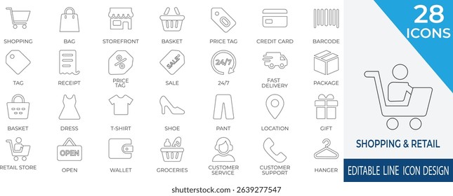 A versatile line icon set illustrating modern shopping and retail essentials. Includes symbols for online stores, delivery, fashion items, and customer service.