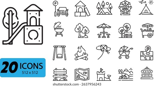 Versatile line icons for parks, camping, and leisure. Perfect for map design, app interfaces, and family-themed projects.