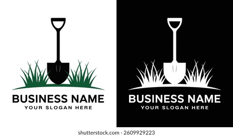 Versatile logo design featuring bold black shovel and grass elements perfect for landscapers Represents growth nature Ideal for businesses focusing on landscaping and outdoor services