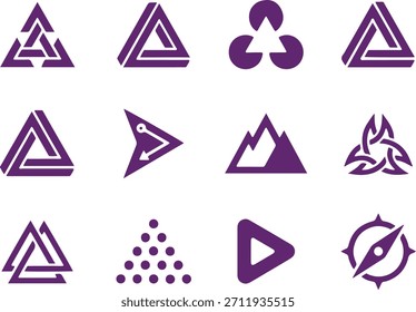 Colección versátil y moderna de logotipos e iconos Abstractas del triángulo geométrico en púrpura, ideal para la Tecnología, los negocios y los conceptos de diseño de marca