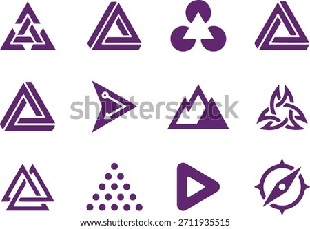 Versatile, Modern Collection of Abstract Geometric Triangle Logos and Icons in Purple, Ideal for Technology, Business, and Branding Design Concepts
