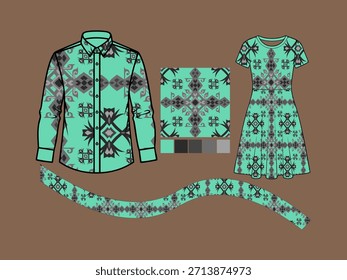 Versatile modern ethnic geometric pattern showcased on a long-sleeve men's shirt and a short-sleeve women's dress, complete with a seamless tile and color palette for fashion and textile projects.