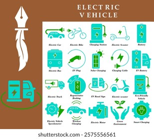 A versatile modern and minimalist Electric Vehicle Icon Set, with green and blue colors, ideal for websites, mobile apps, presentations and marketing materials.