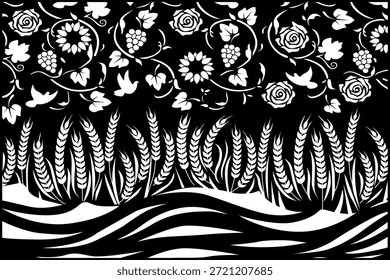 Ilustración versátil de la naturaleza con un campo de trigo estilizado, vides, flores en flor y palomas voladoras. Arte vectorial blanco y negro de alto contraste en un estilo retro de xilografía o corte de papel. Perfecto para la marca de panadería, etiquetas de vino, envases de alimentos orgánicos, fondos religiosos o decoraciones florales vintage