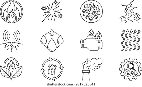 A versatile outline icon collection illustrating natural elements, energy sources, environmental impact, and physical phenomena. These minimalist vector graphics are perfect for science education, ecological infographics, and industrial sustainability presentations.A versatile outline icon collection illustrating natural elements, energy sources, environmental impact, and physical phenomena. These minimalist vector graphics are perfect for science education, ecological infographics, and industrial sustainability presentations.