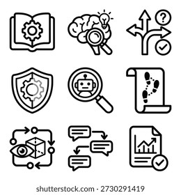 Conjunto de iconos de contorno versátil para negocios, educación y tecnología. Los conceptos incluyen IA, VR, estrategia, análisis de datos, seguridad y comunicación, perfectos para proyectos digitales.